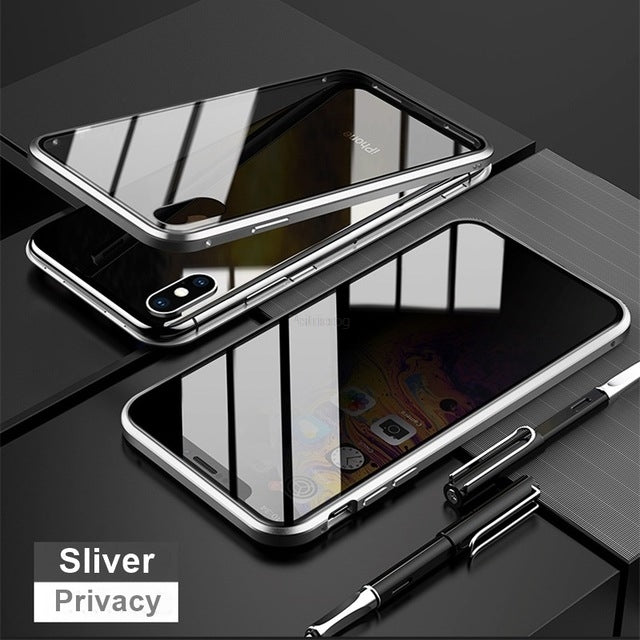 Magnetic Tempered Glass Privacy Case for iPhone (6-15, XR, 11 Pro MAX) - 360° Antispy Protective Cover