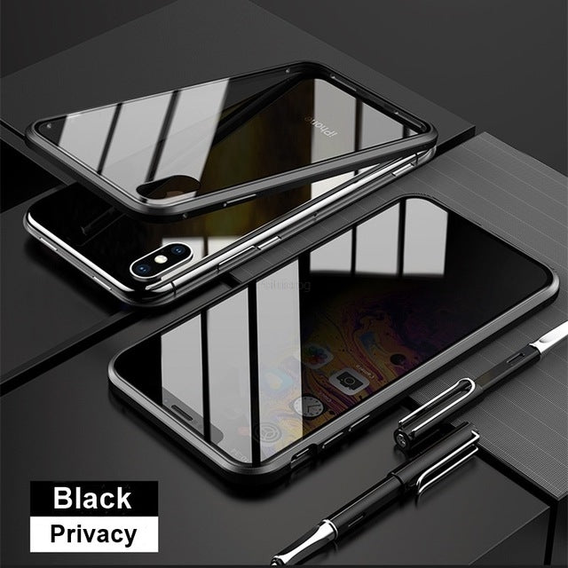 Magnetic Tempered Glass Privacy Case for iPhone (6-15, XR, 11 Pro MAX) - 360° Antispy Protective Cover